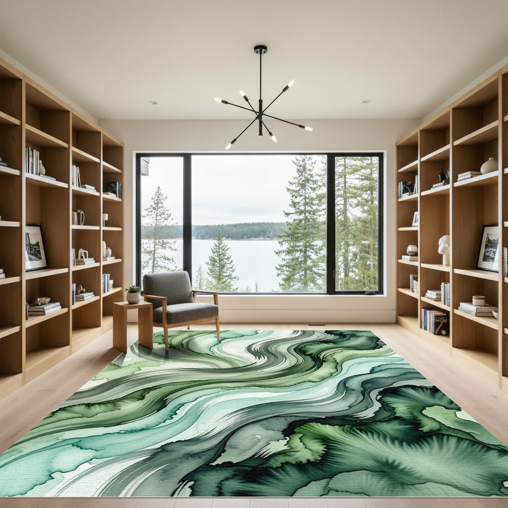 Ethereal Emerald Flowing Abstract Wave Rug