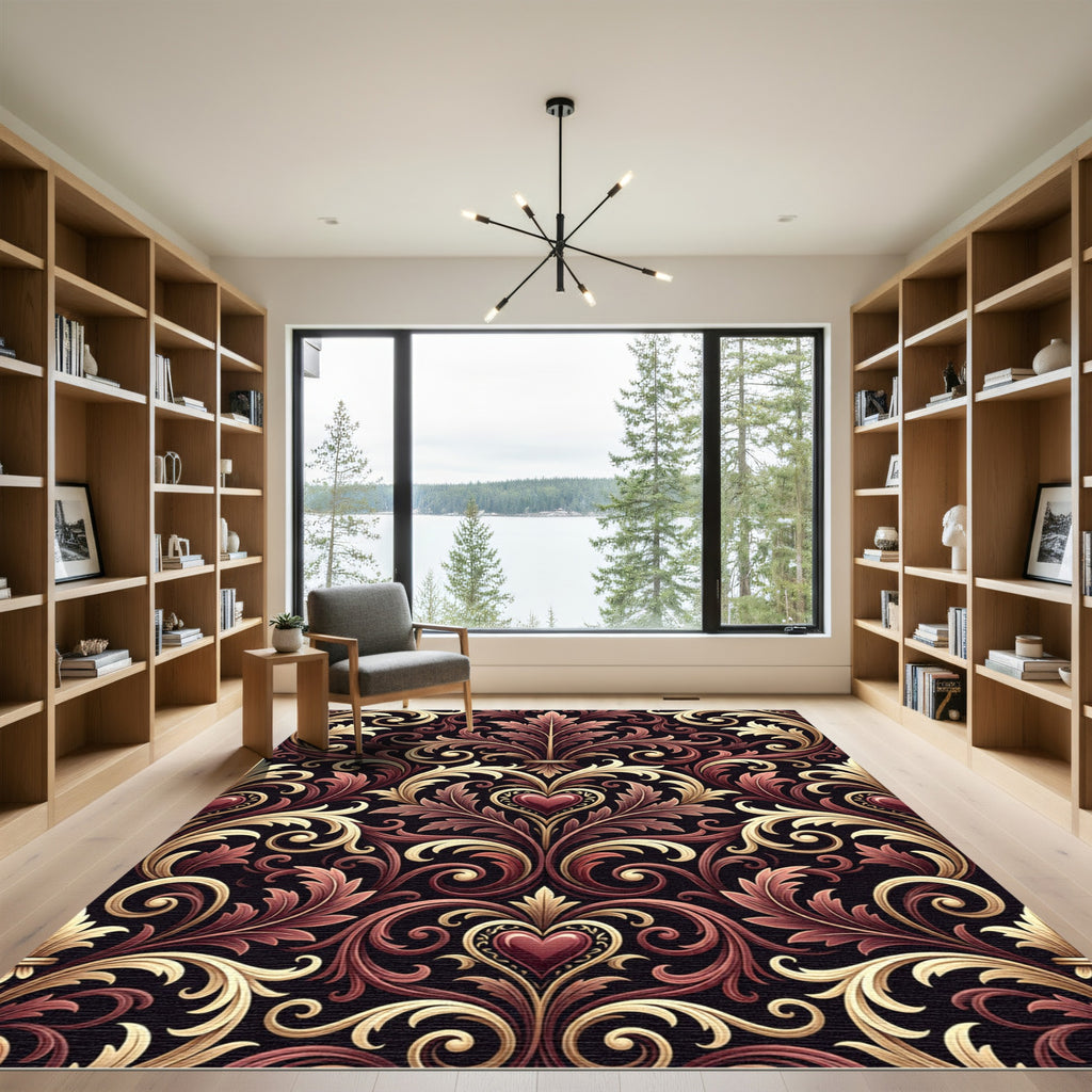 Rich Burgundy Gold Heart Filigree Rug