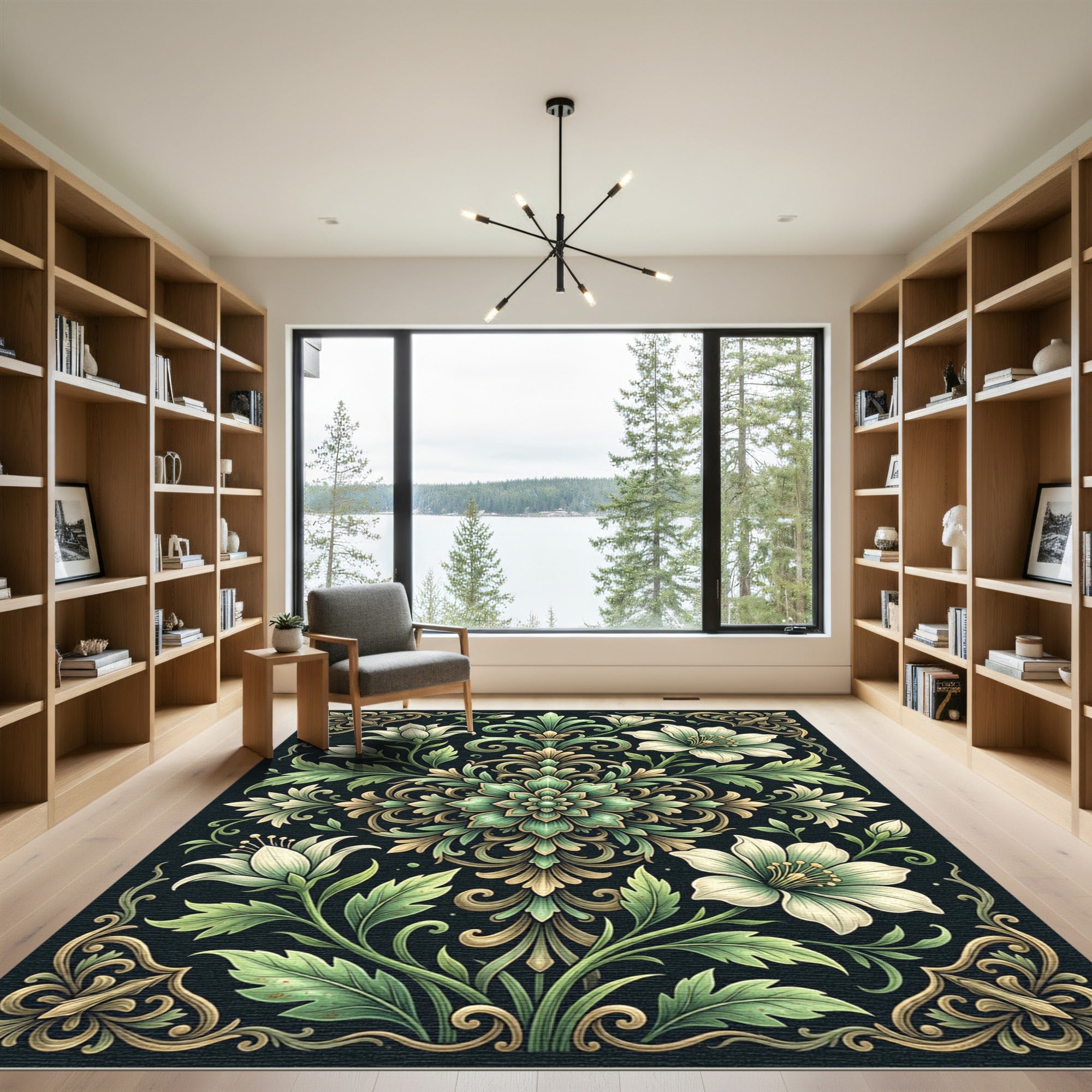 Elegant Sage and Gold Floral Medallion Rug