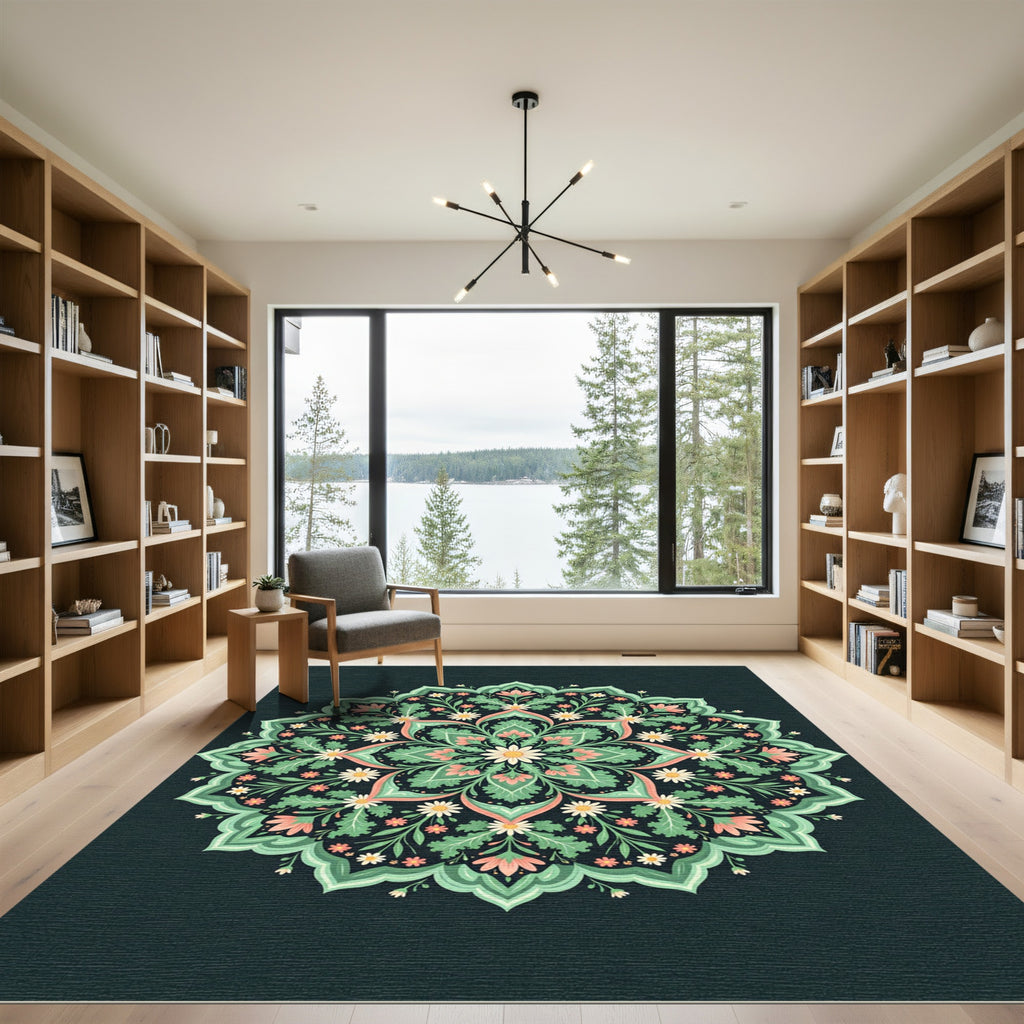 Green Coral Floral Mandala Ornament Jewel Rug