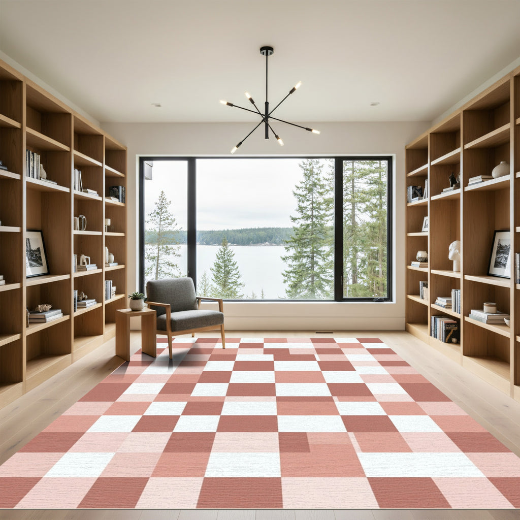 Modern Rose Clay Checkers Abstract Square Rug
