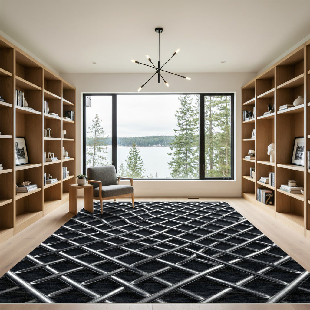 Industrial Metallic Silver Intersecting Grid Rug