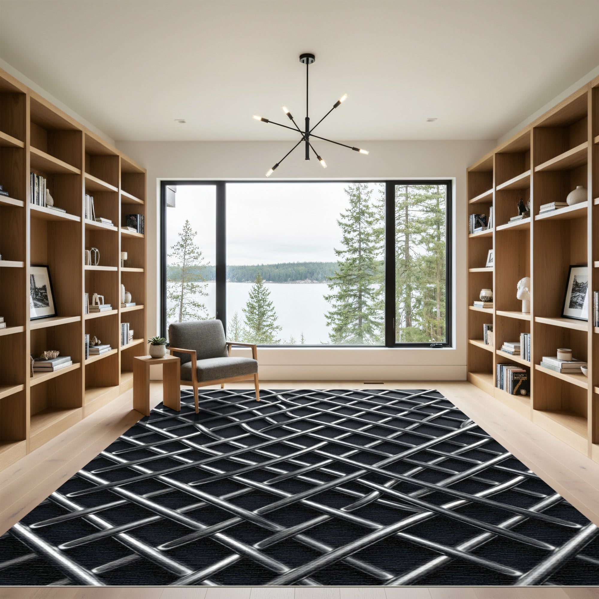 Industrial Metallic Silver Intersecting Grid Rug