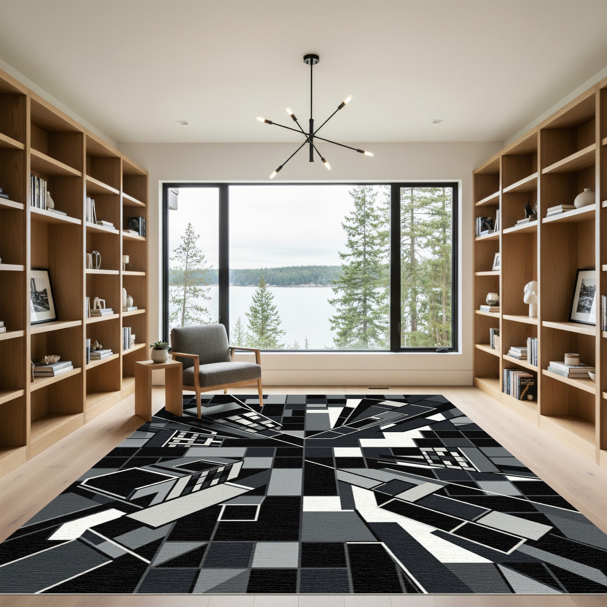 Monochrome Geometric Cityscape Abstract Art Rug