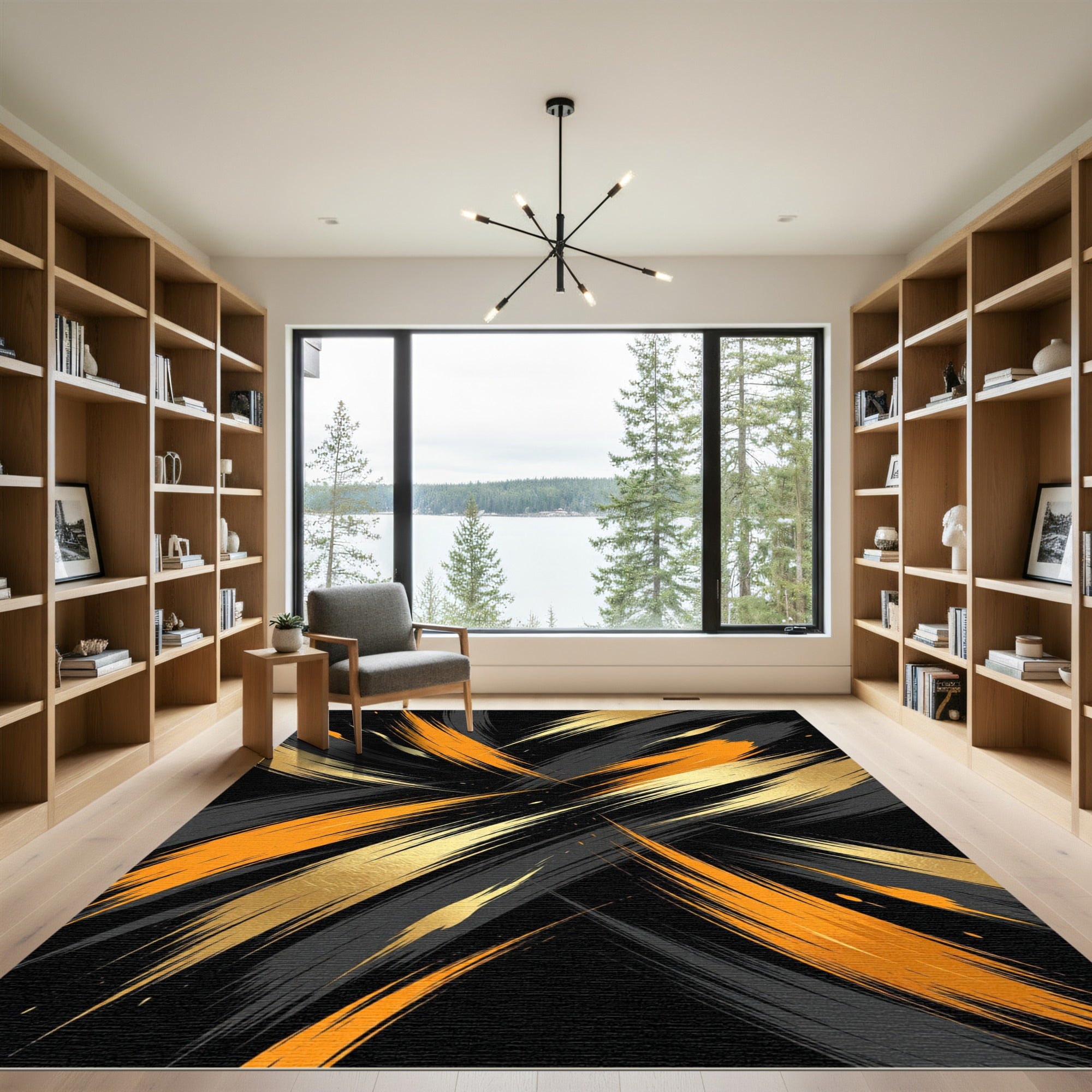 Vibrant Orange Gold Brush Stroke Rug