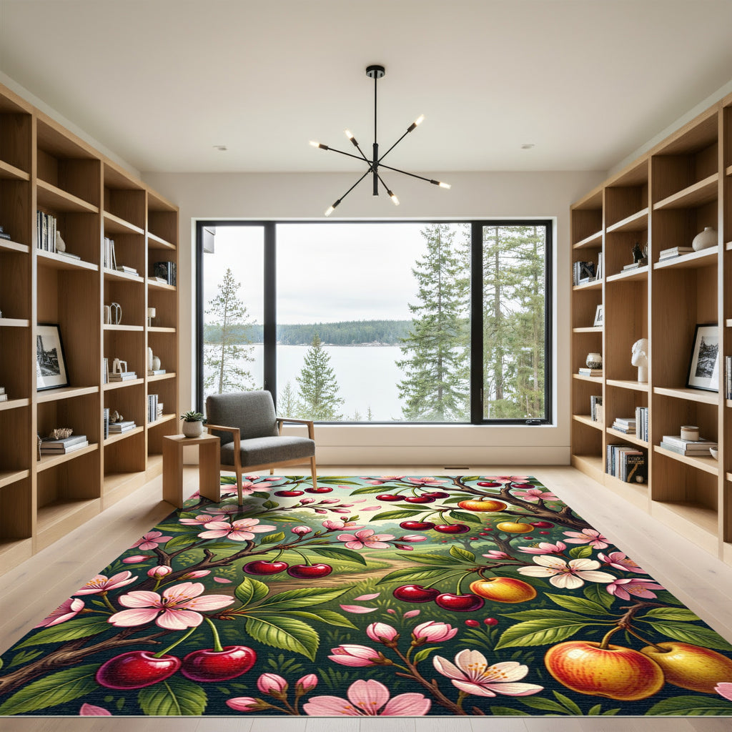 Vibrant Cherry Blossom Garden Scene Rug