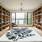 Minimalist Charcoal Eucalyptus Botanical Foliage Art Rug