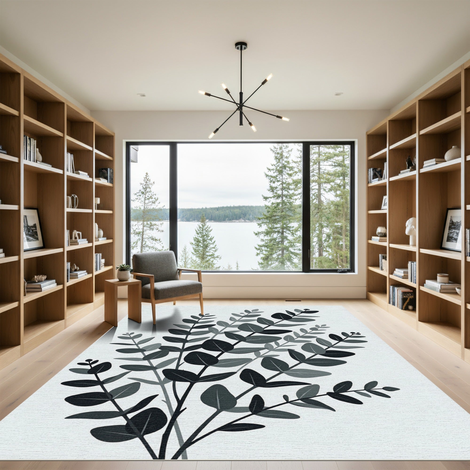 Minimalist Charcoal Eucalyptus Botanical Foliage Art Rug
