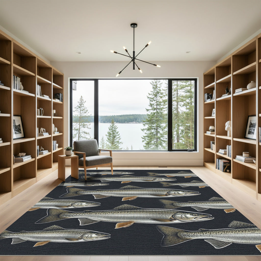 Monochromatic Swimming Trout Dark Silhouette Rug