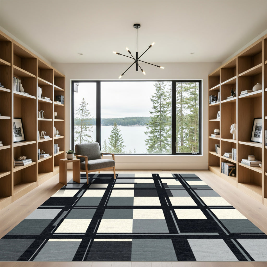 Monochrome Geometric Grid Abstract Block Rug