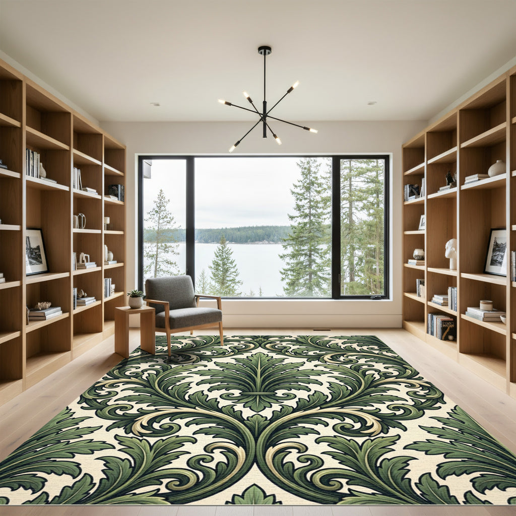 Elegant Emerald Green Acanthus Damask Rug