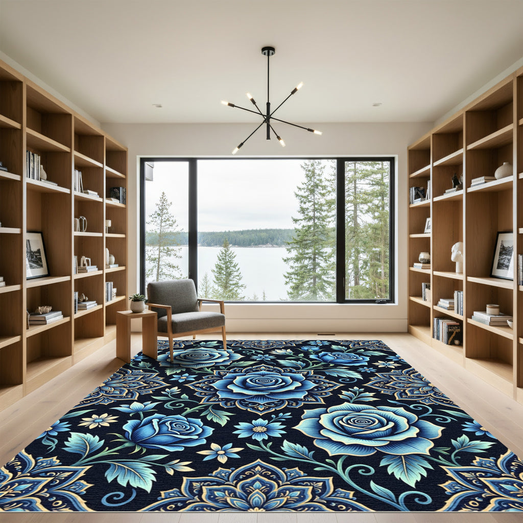 Elegant Navy Blue Rose Mandala Rug