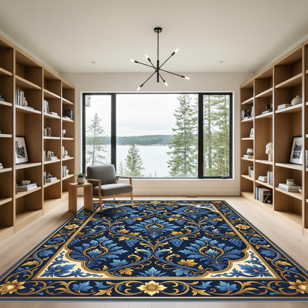 Blue and Gold Damask Grape Vine Rug
