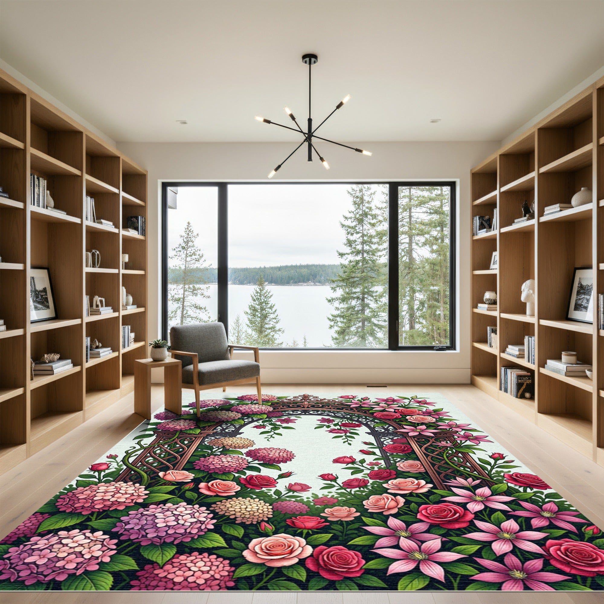 Romantic Pink Hydrangea Rose Garden Arch Rug