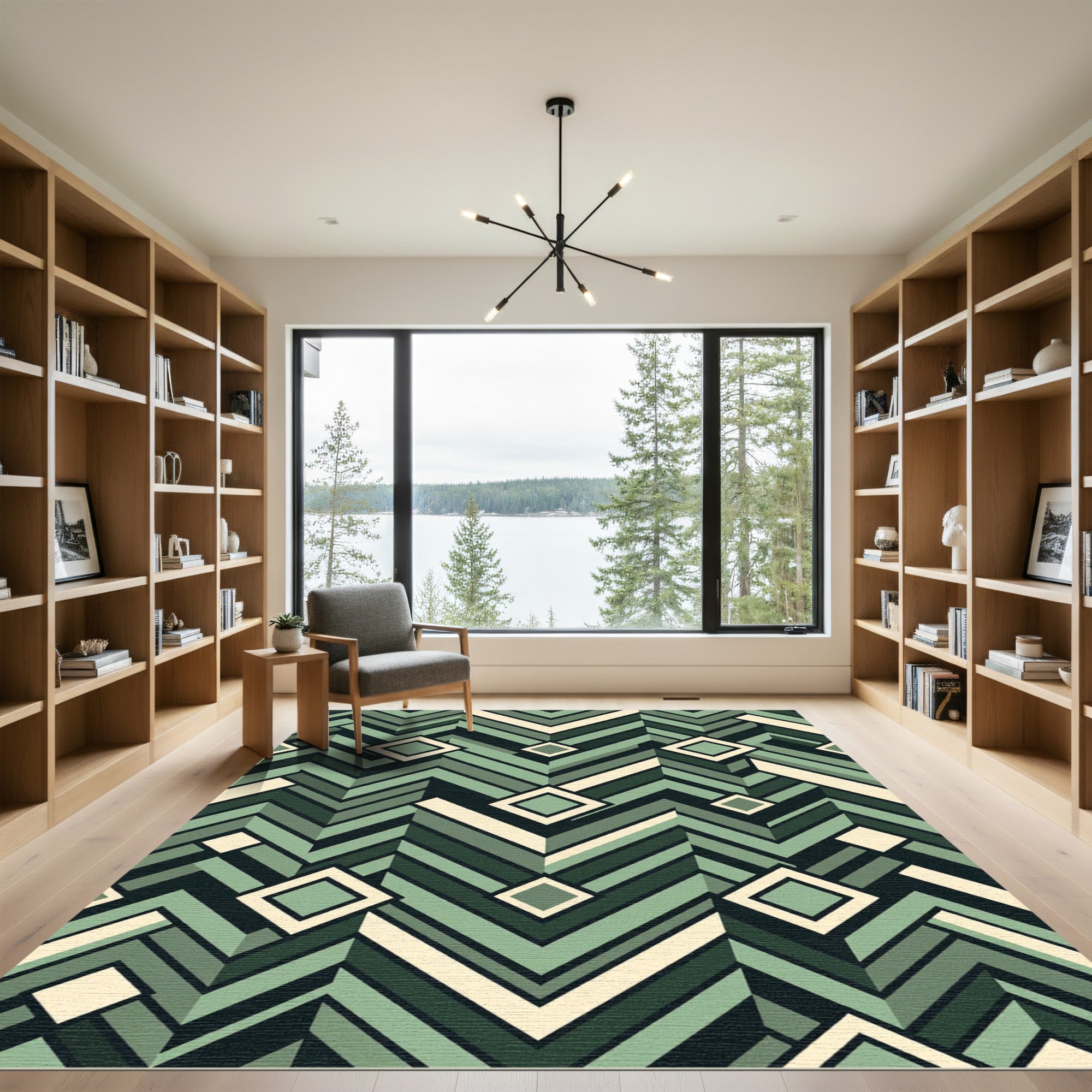 Geometric Sage Chevron Diamond Layered Rug