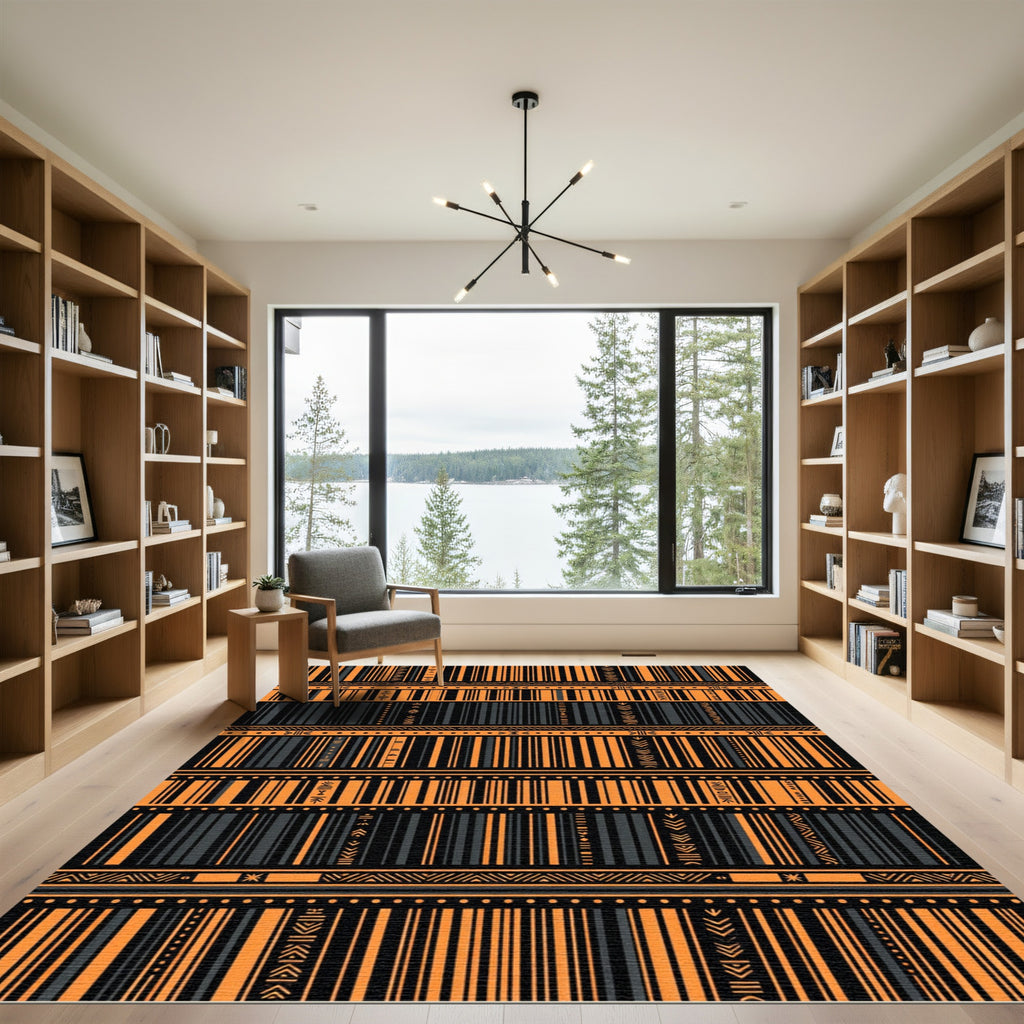 Bold Orange and Charcoal Tribal Striped Rug