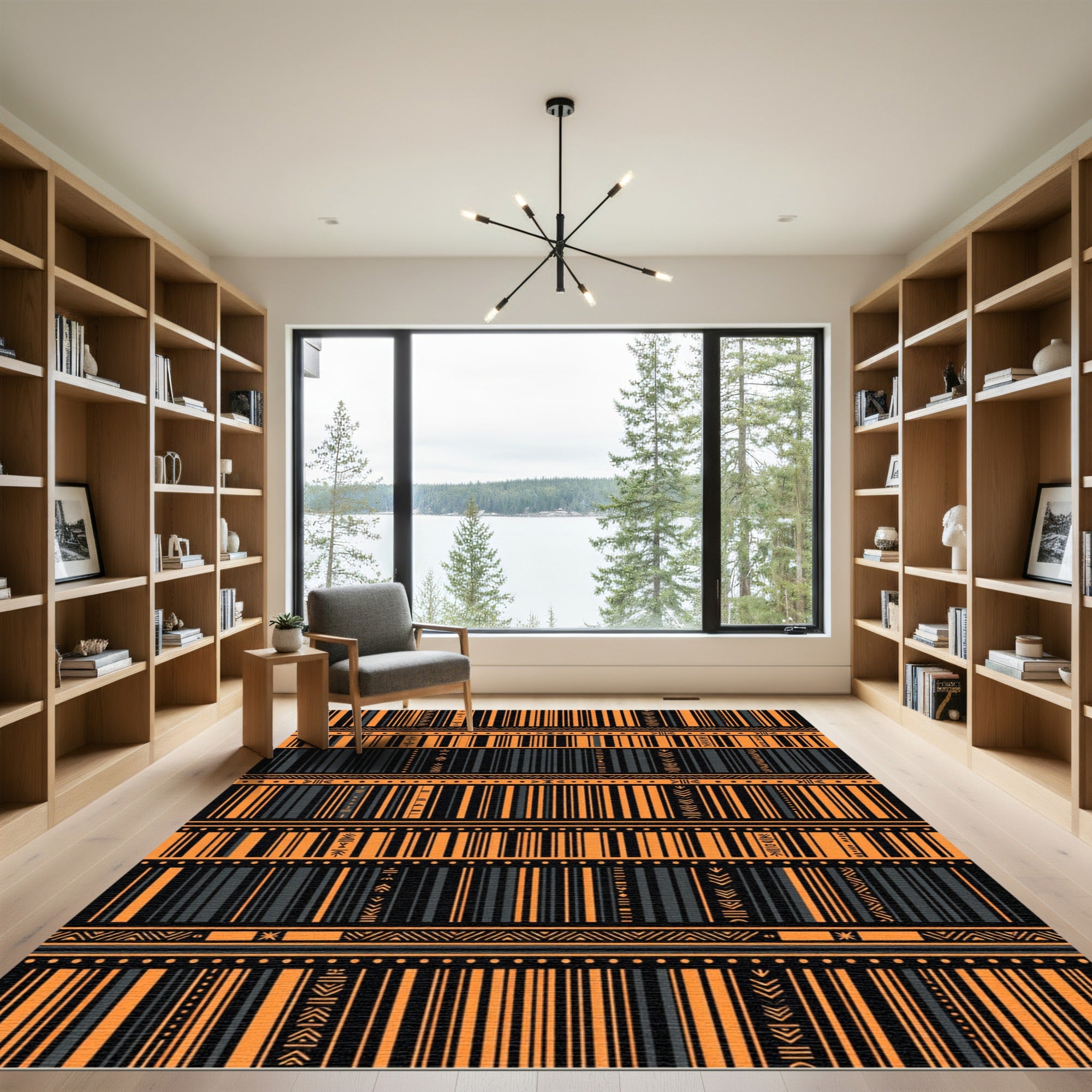 Bold Orange and Charcoal Tribal Striped Rug