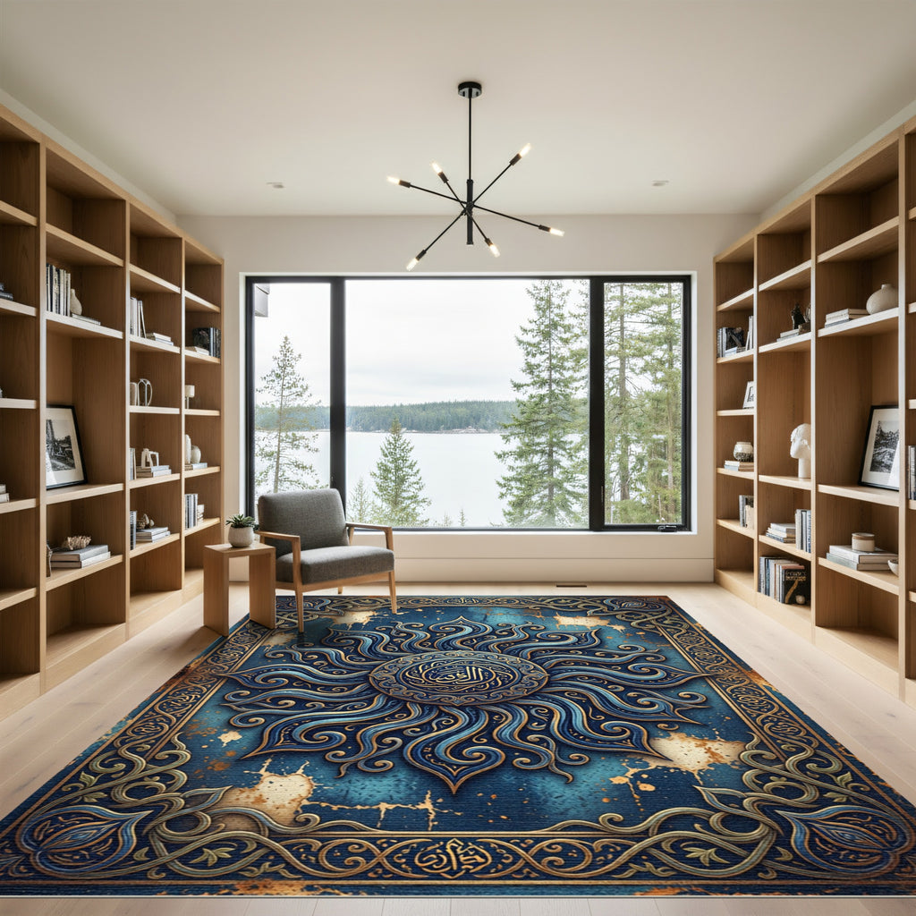 Celestial Blue Gold Ornate Mandala Art Rug