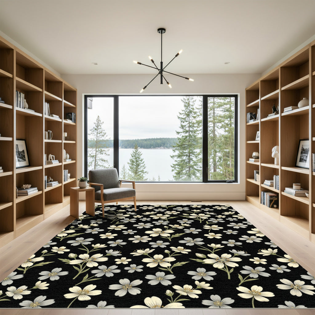 Black White Floral Sprig Accents Rug
