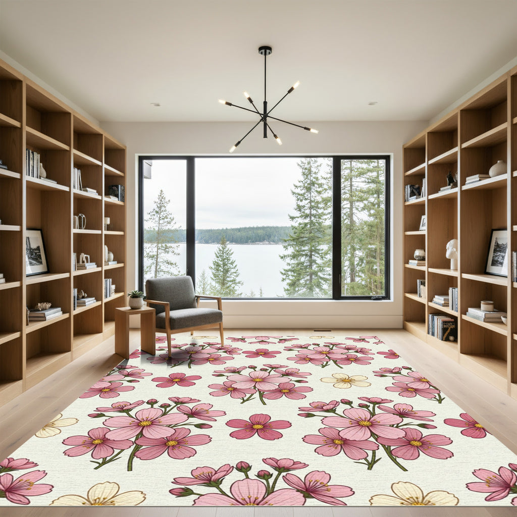 Blushing Pink Botanical Cosmos Flower Rug