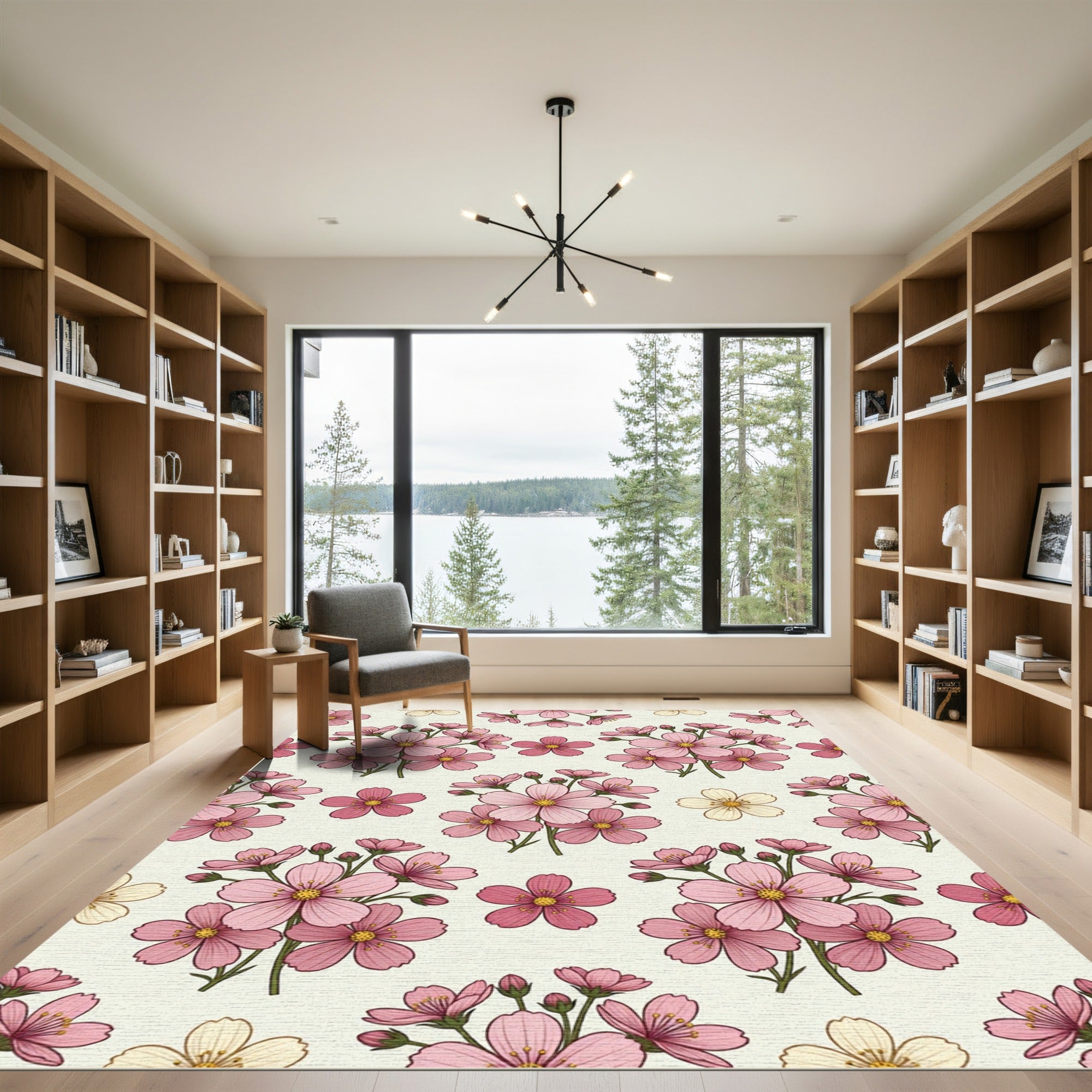 Blushing Pink Botanical Cosmos Flower Rug