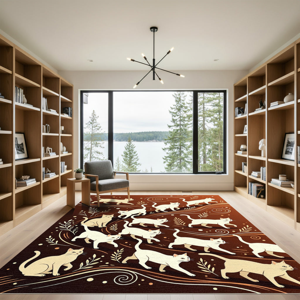 Whimsical Cream Cats Swirling Lines Rug