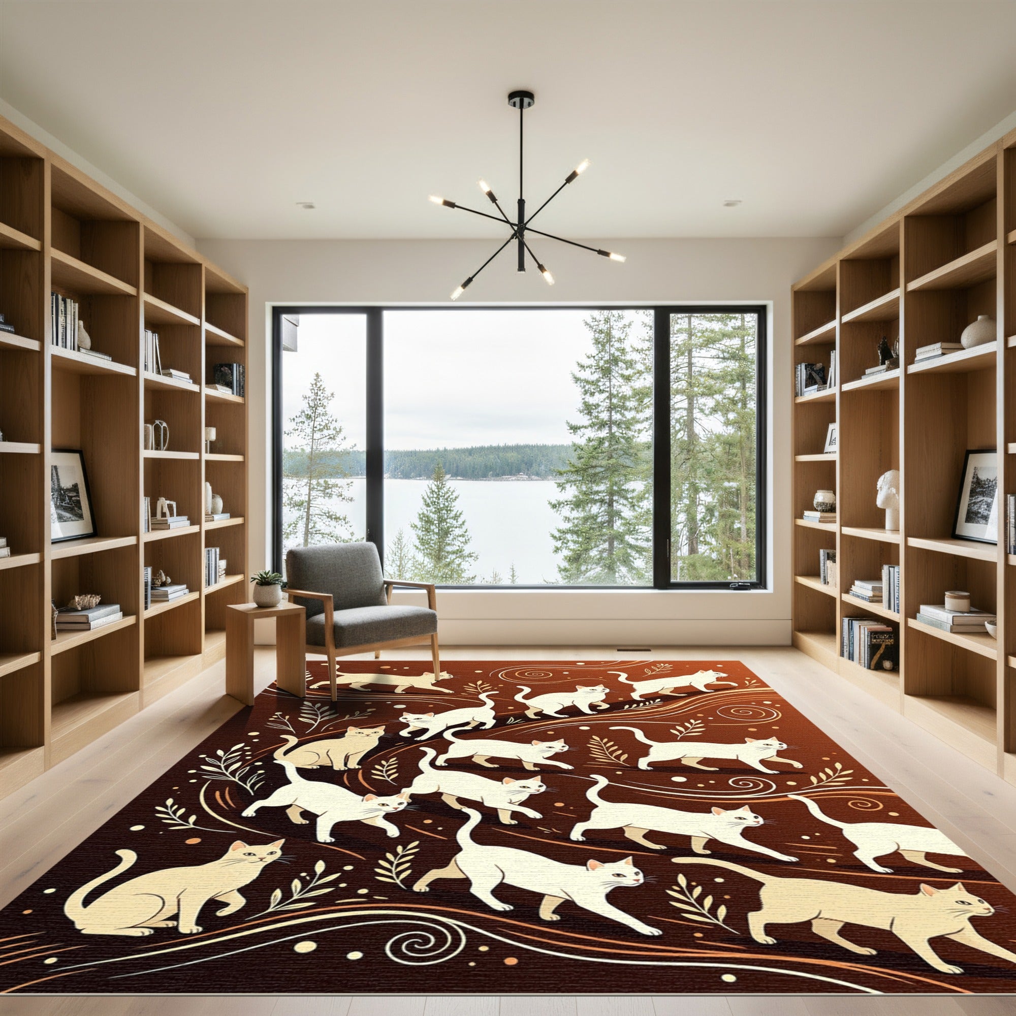 Whimsical Cream Cats Swirling Lines Rug