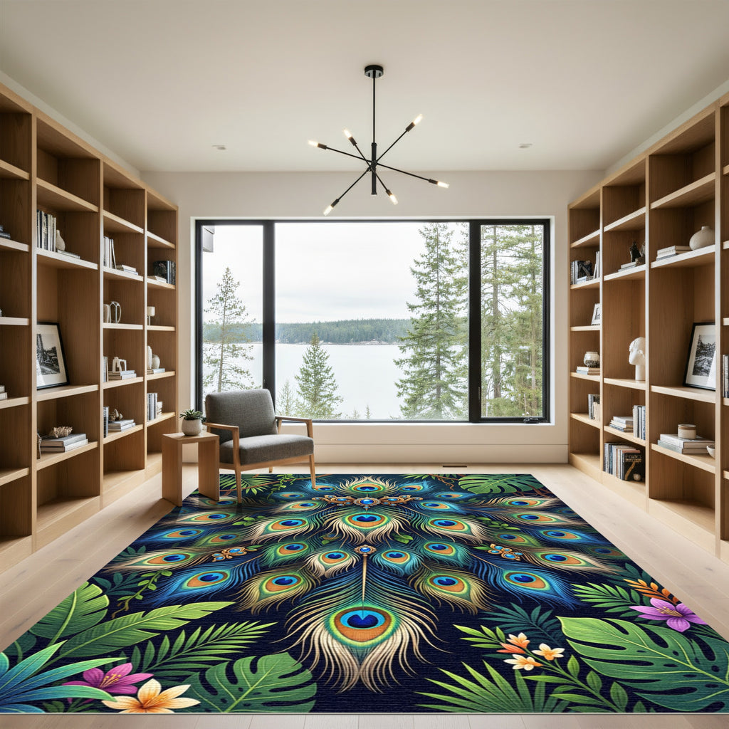 Ornate Peacock Feather Jewel Garden Rug