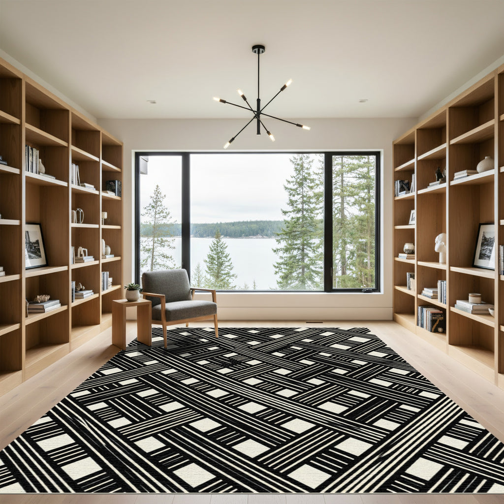 Black Cream Intersecting Lines Geometric Rug