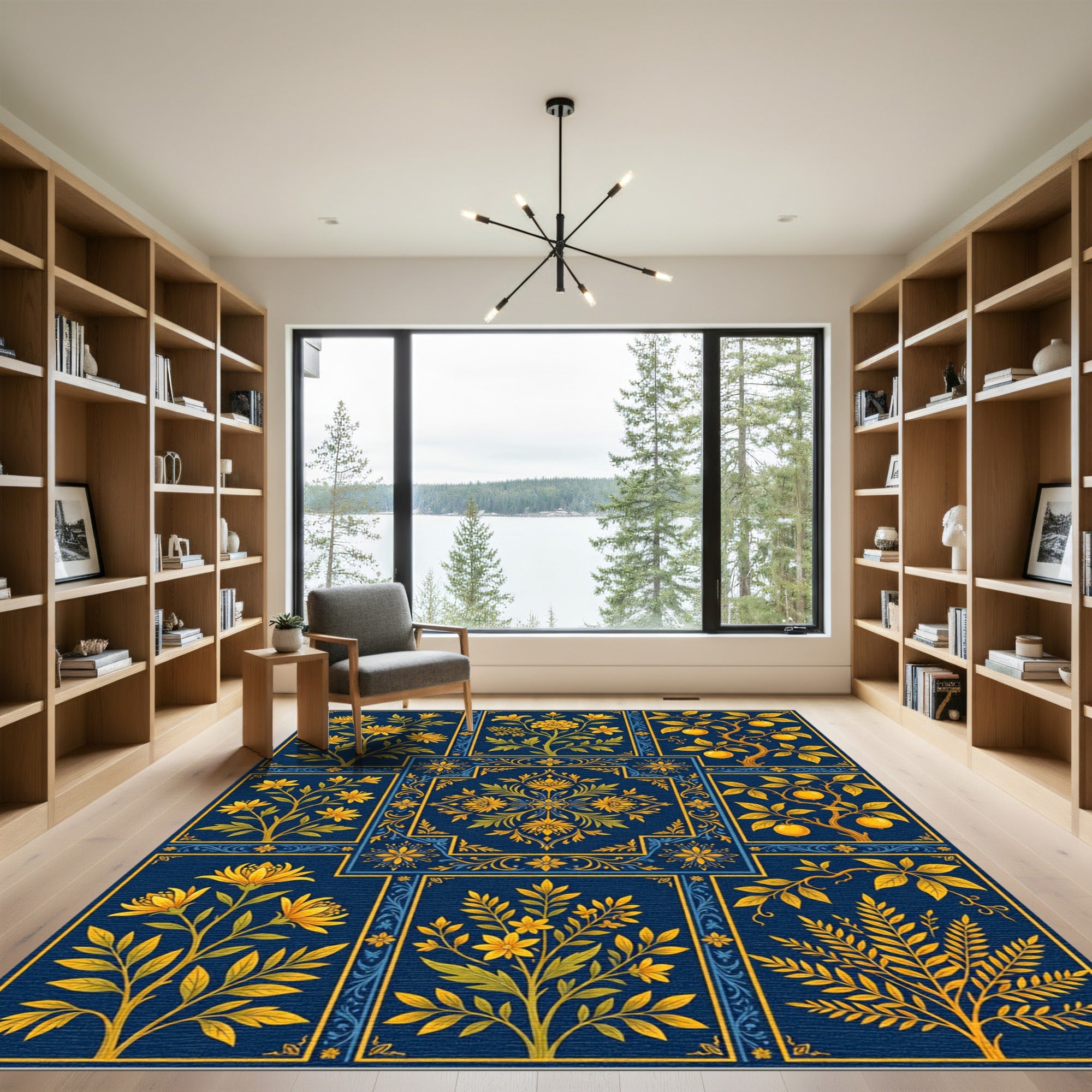 Golden Floral Botanical Navy Tile Collage Rug