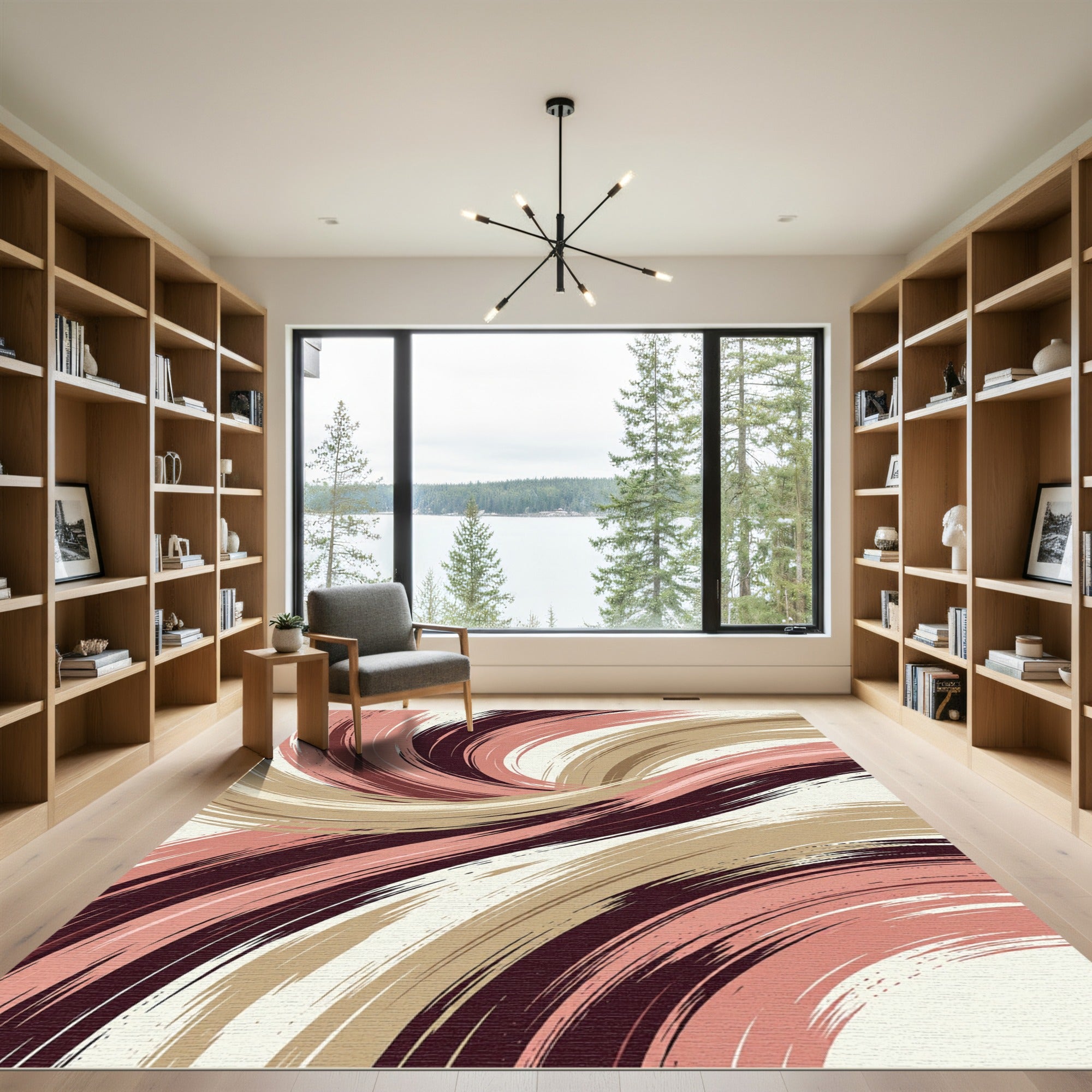 Crimson Blush Swirl Abstract Brushstroke Rug