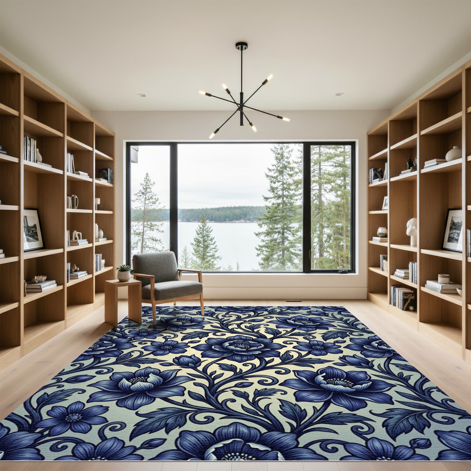Deep Blue Vintage Floral Scroll Rug