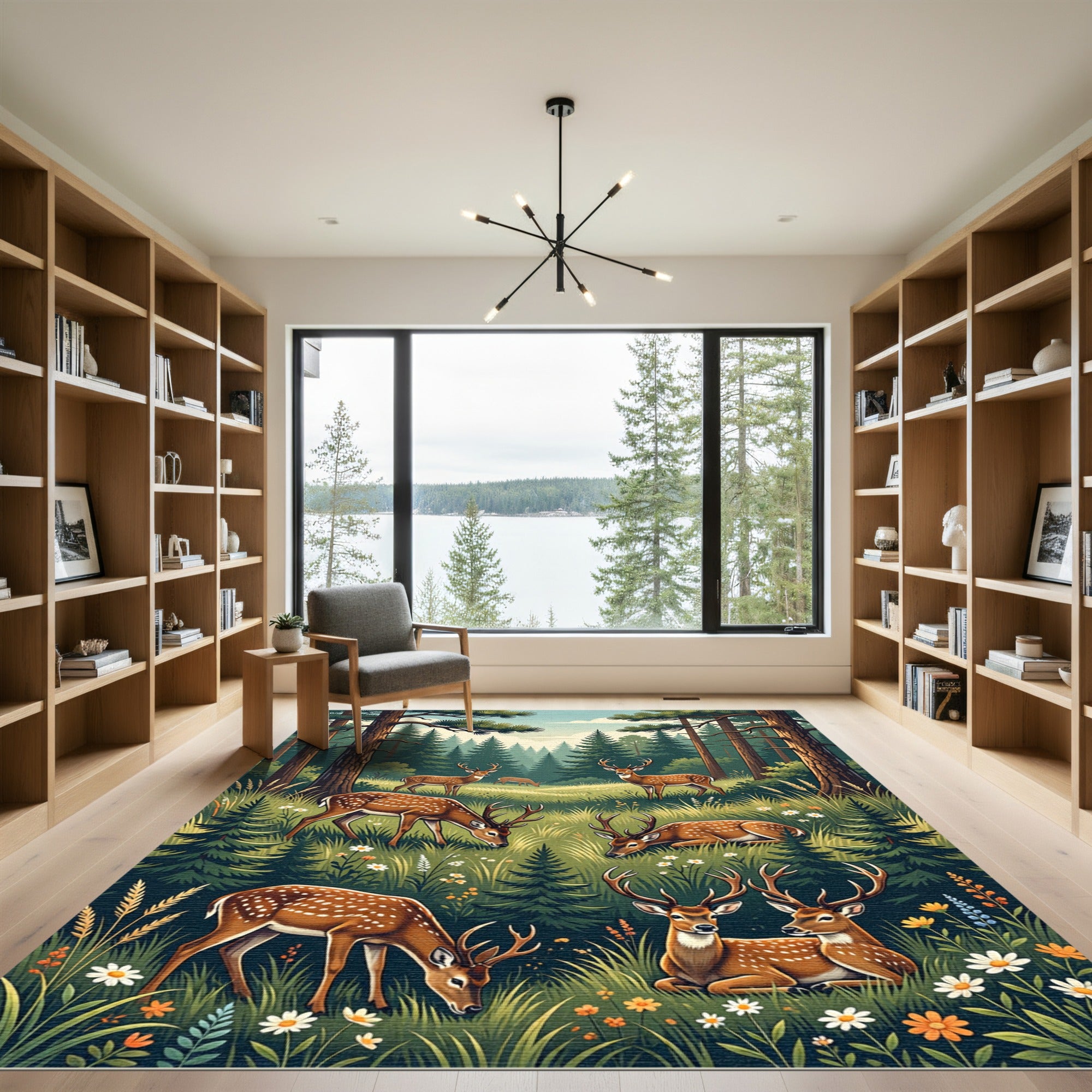 Enchanted Meadow Deer Forest Landscape Rug
