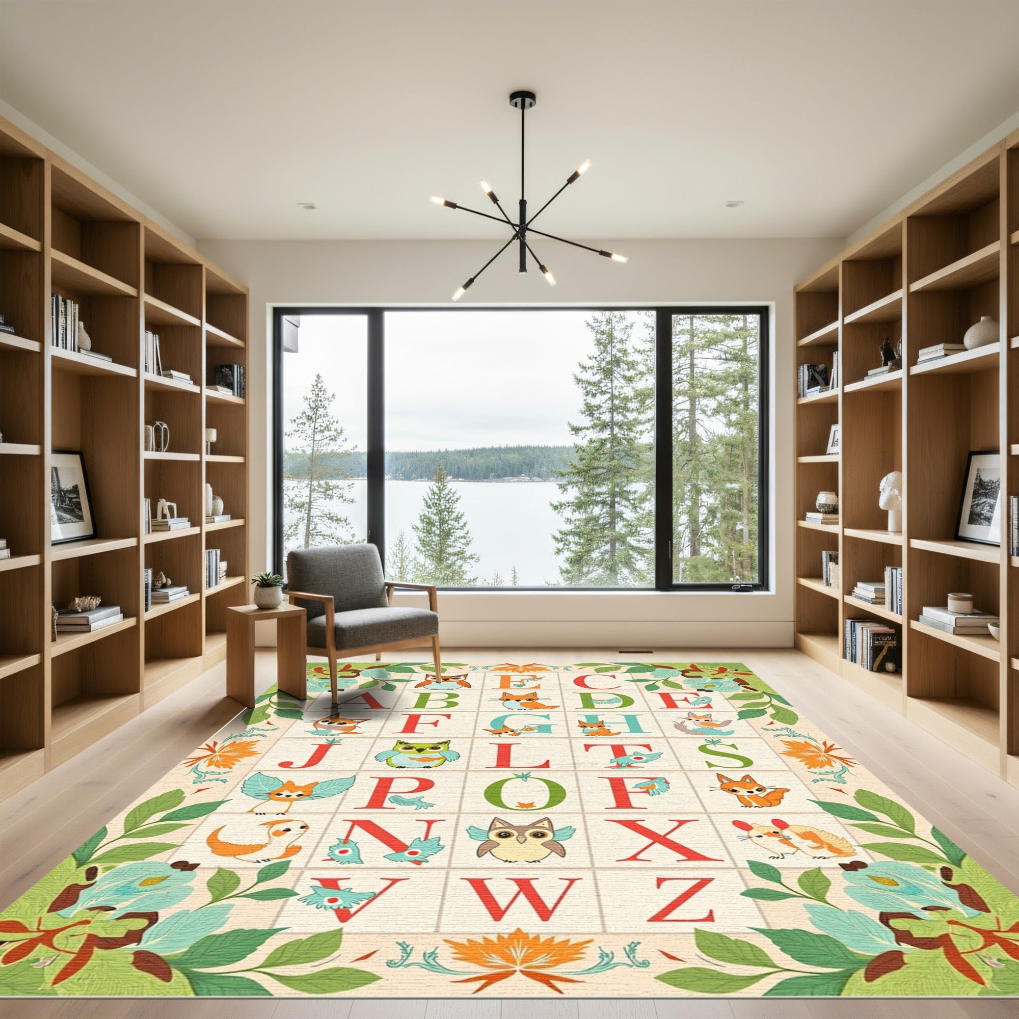 Woodland Alphabet Fox Owl Critter Border Rug