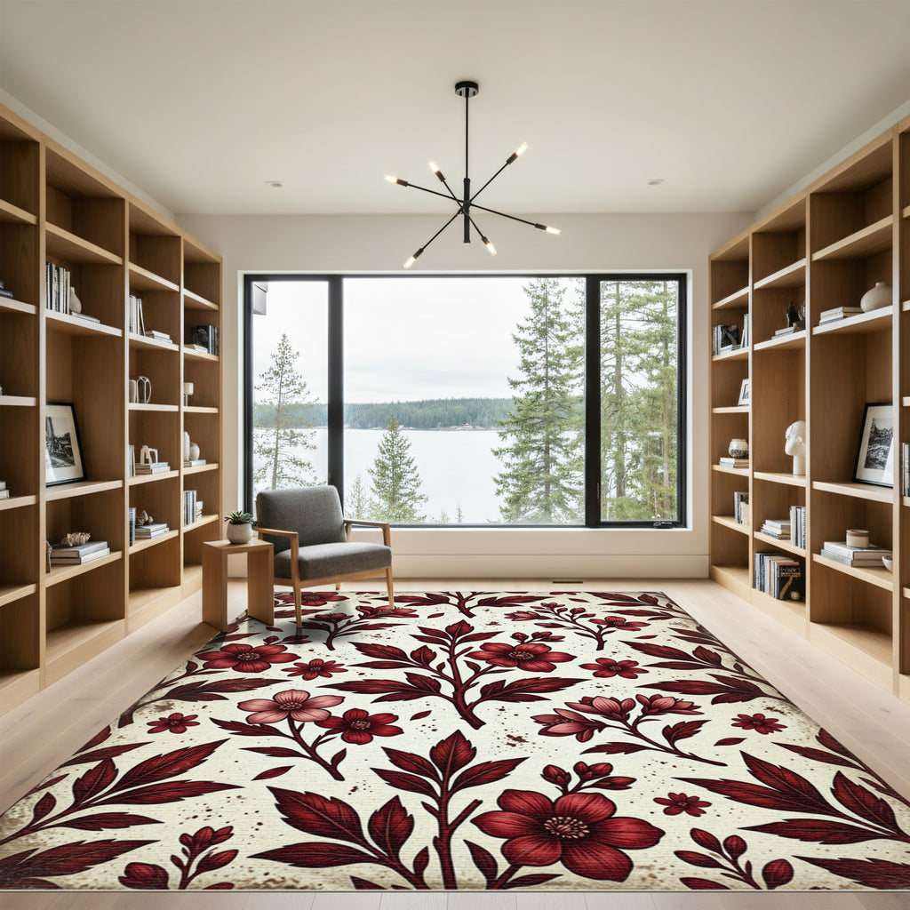Deep Red Floral Branch Arrangement Rug