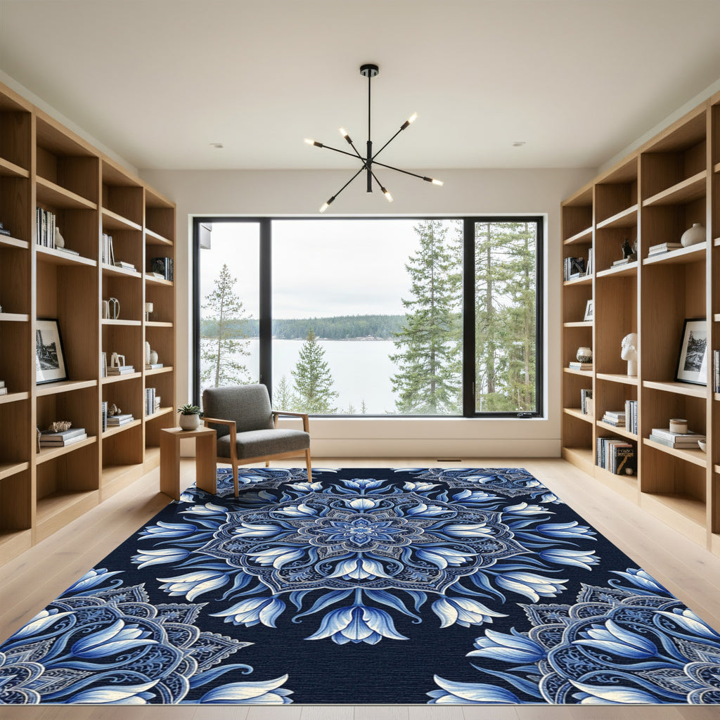 Cobalt Blue Tulips Mandala Circular Art Rug