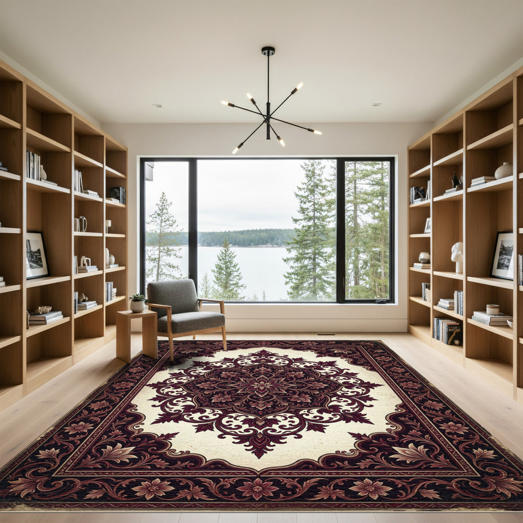 Dark Crimson Floral Ornate Medallion Rug
