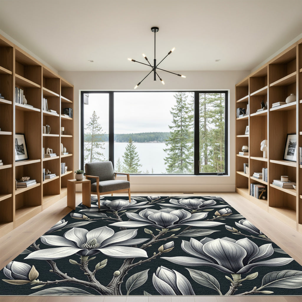 Monochrome White Magnolia Botanical Bloom Rug