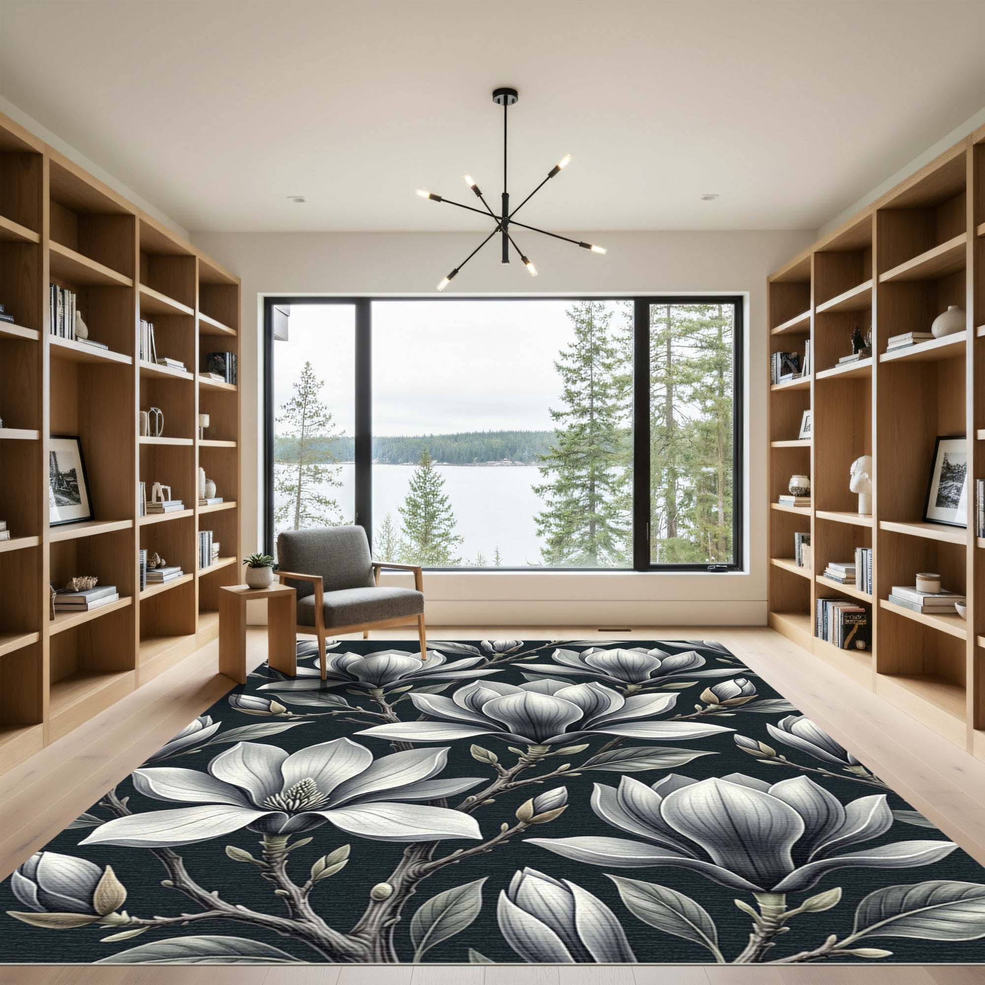 Monochrome White Magnolia Botanical Bloom Rug