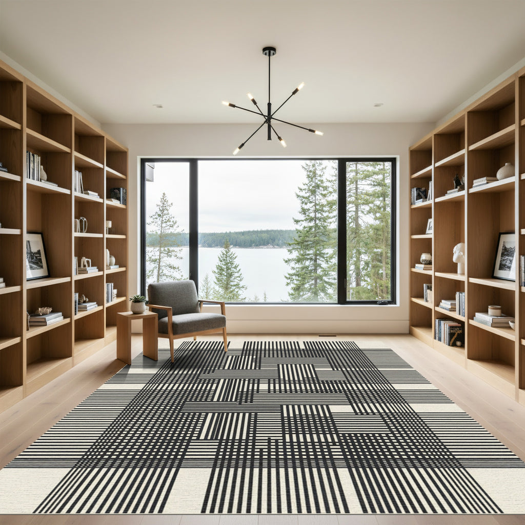 Black and White Geometric Interlocking Lines Rug