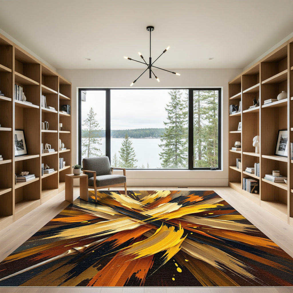 Golden Black Abstract Fluid Brushstroke Rug
