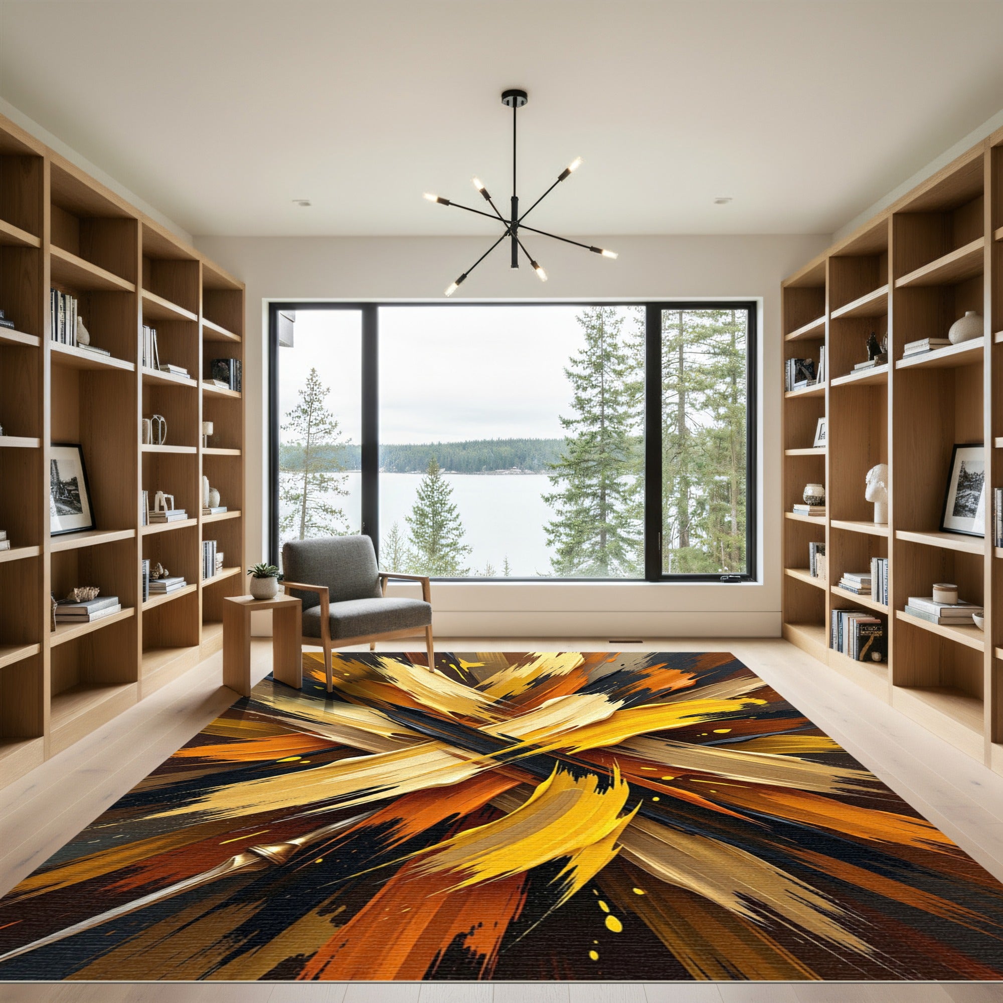 Golden Black Abstract Fluid Brushstroke Rug