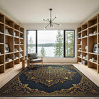 Elegant Navy and Gold Filigree Medallion Rug