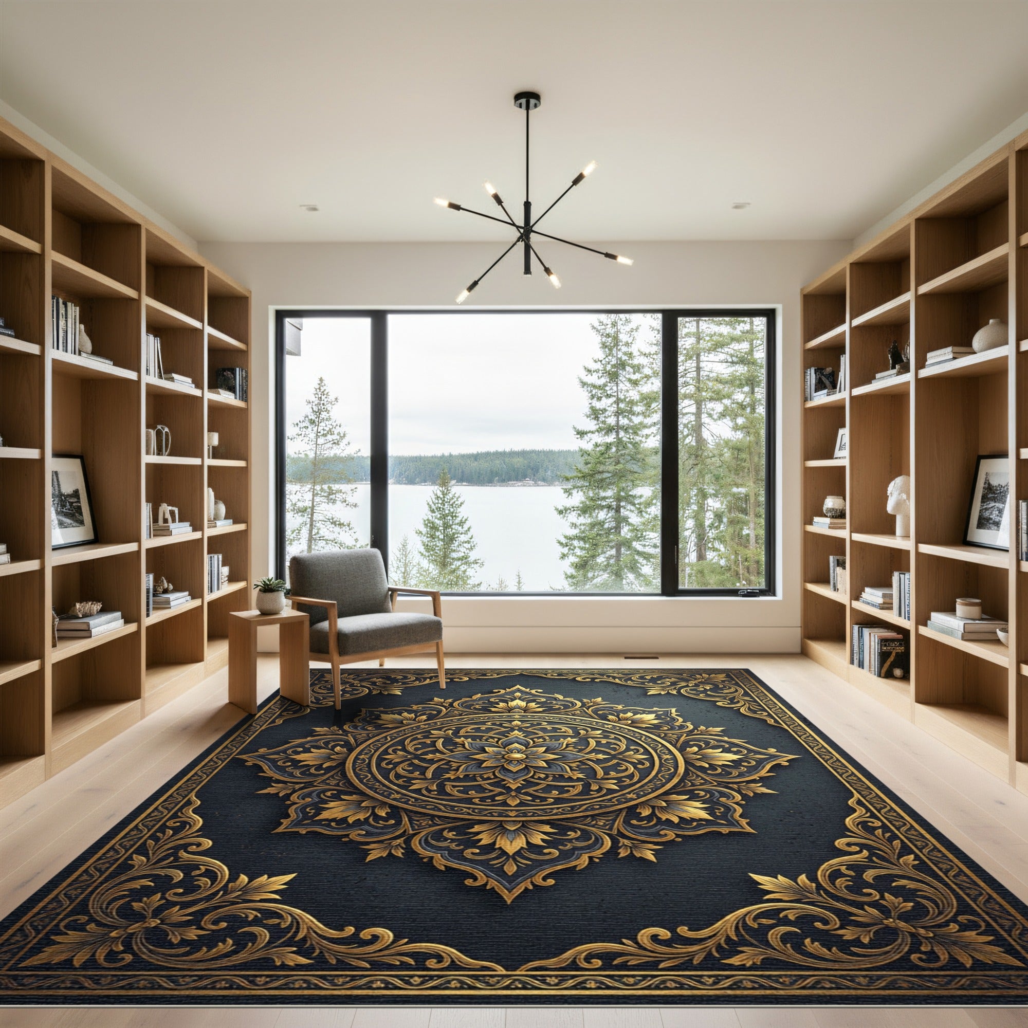 Elegant Navy and Gold Filigree Medallion Rug