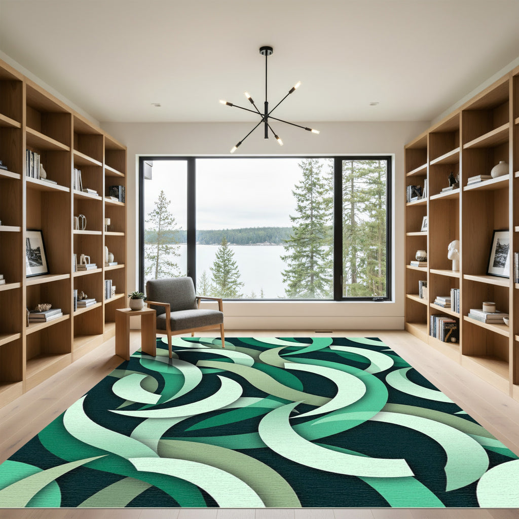 Modern Mint Green Abstract Arched Swirls Rug