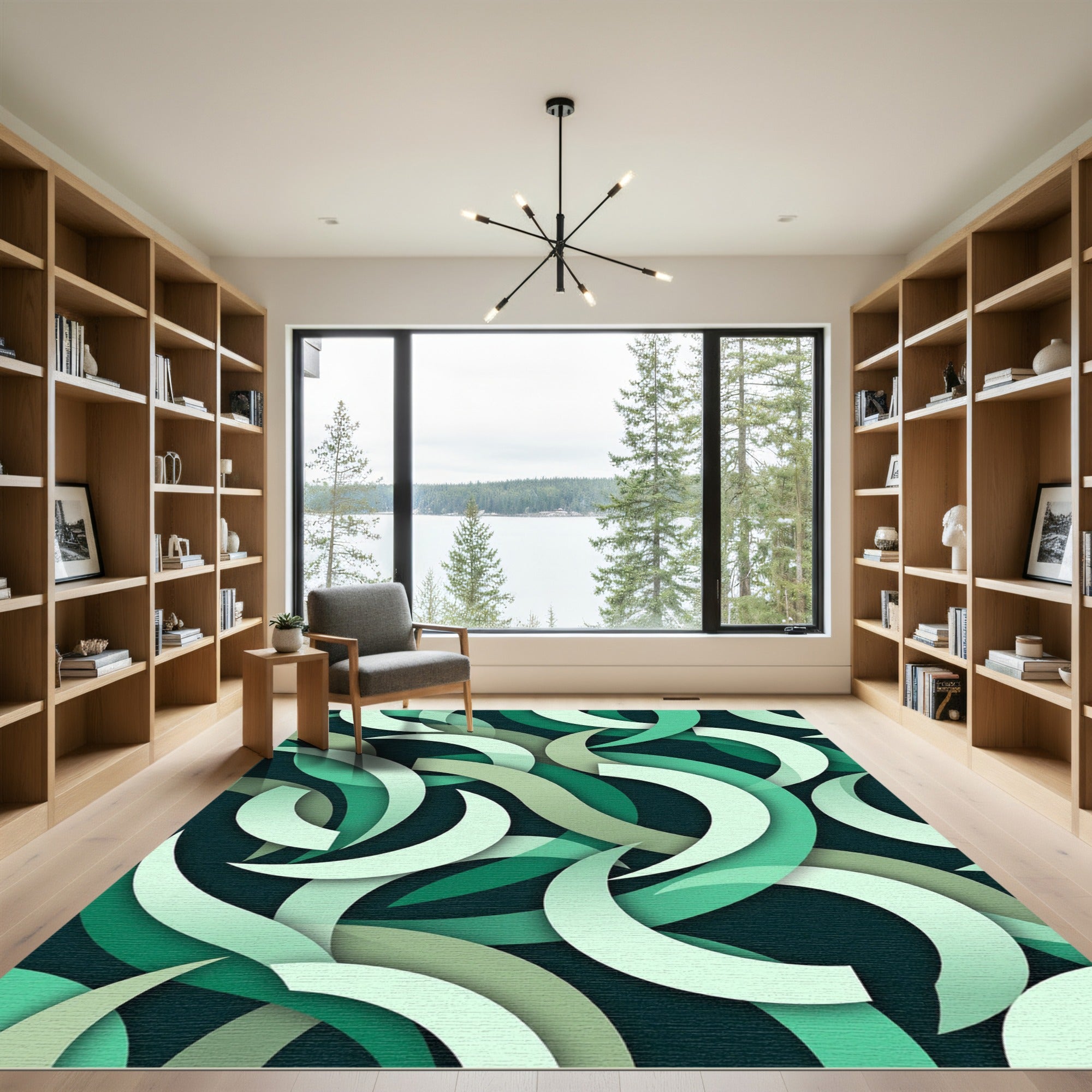 Modern Mint Green Abstract Arched Swirls Rug