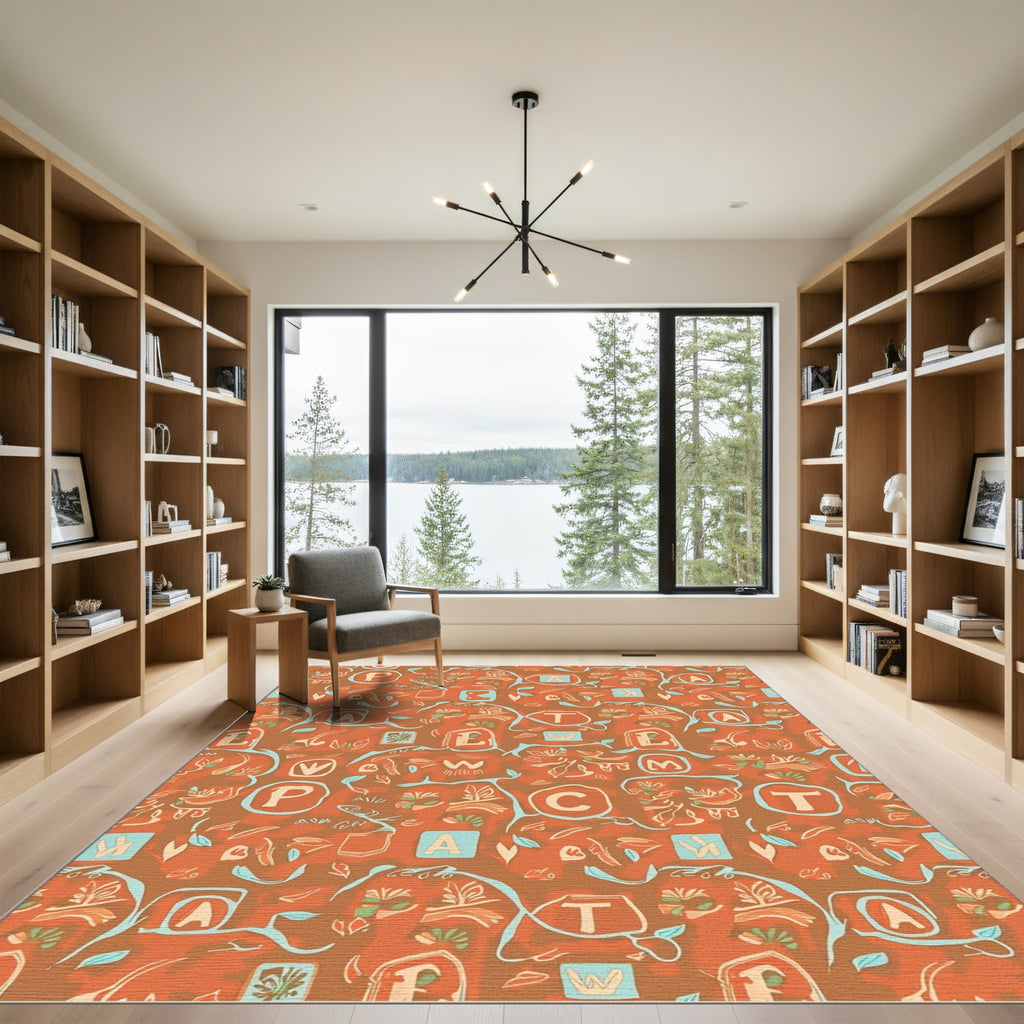 Abstract Orange Botanical Alphabet Collage Rug