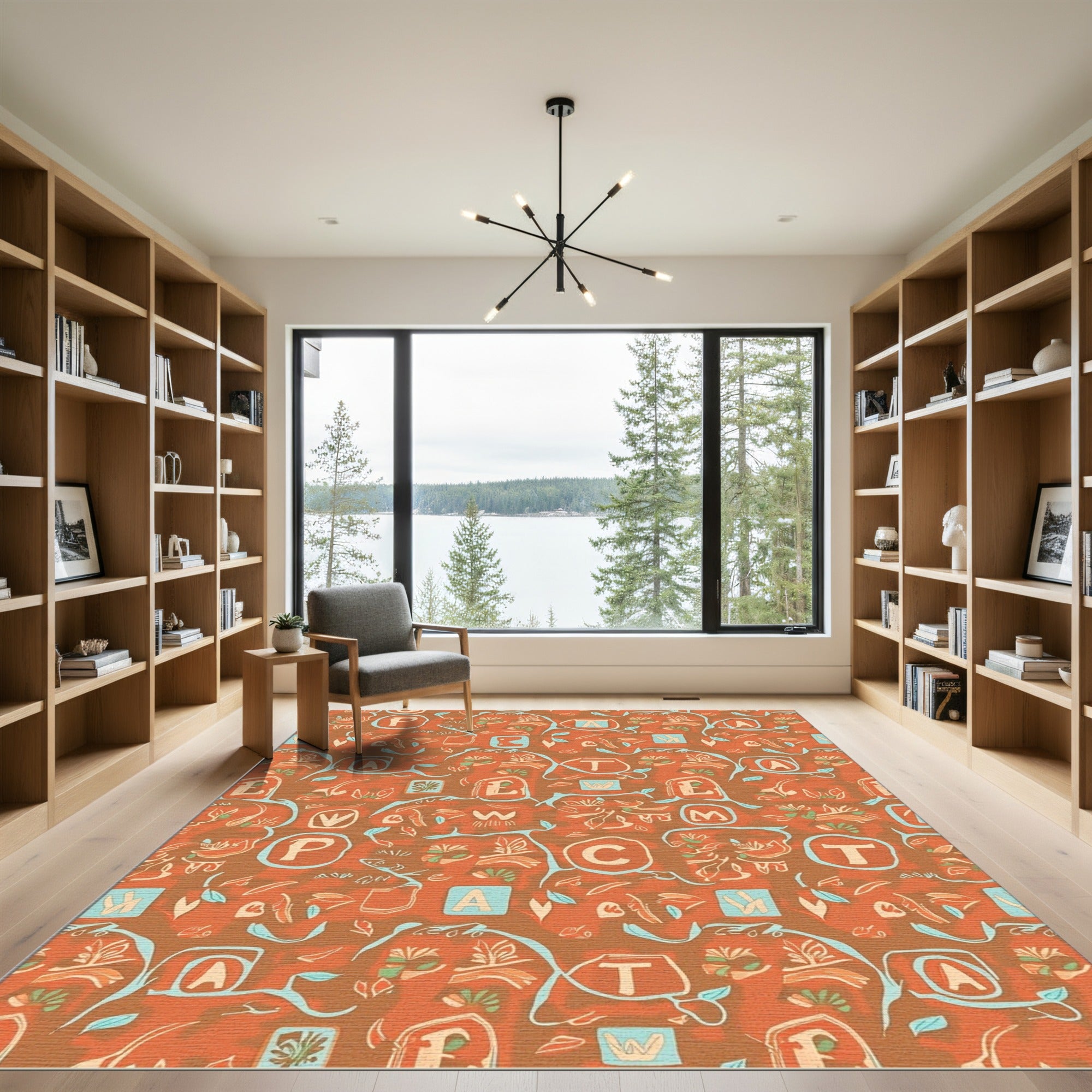 Abstract Orange Botanical Alphabet Collage Rug
