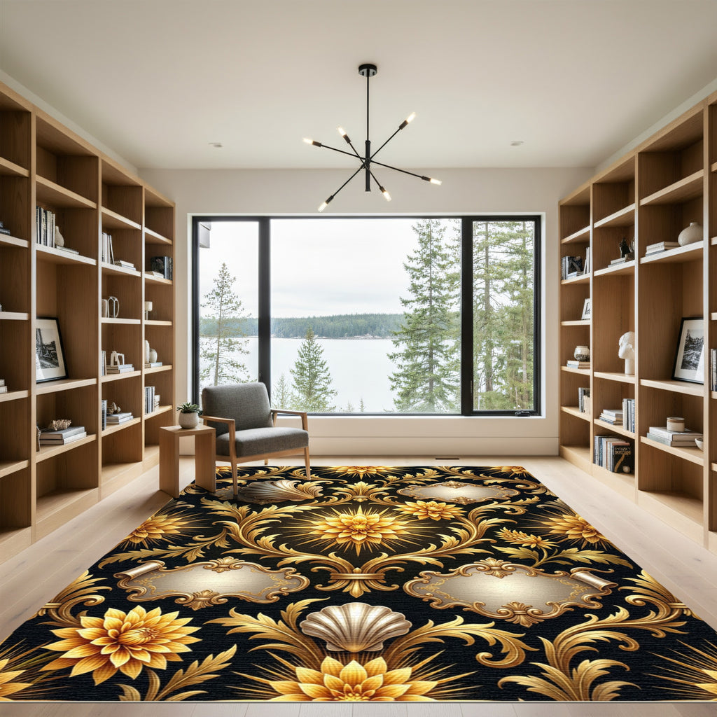 Gilded Baroque Floral Scroll Black Rug