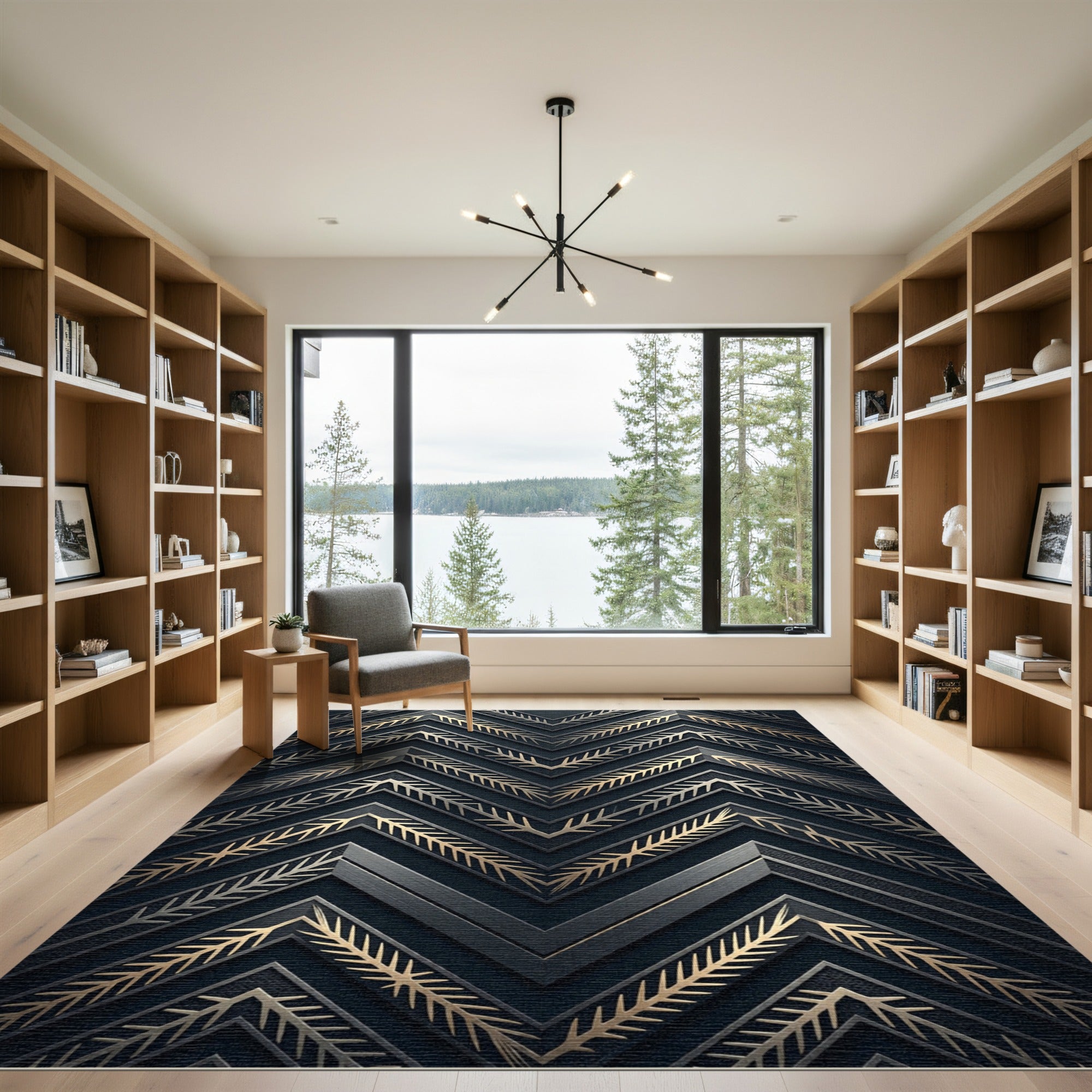 Metallic Gold Chevron Geometric Dark Accents Rug